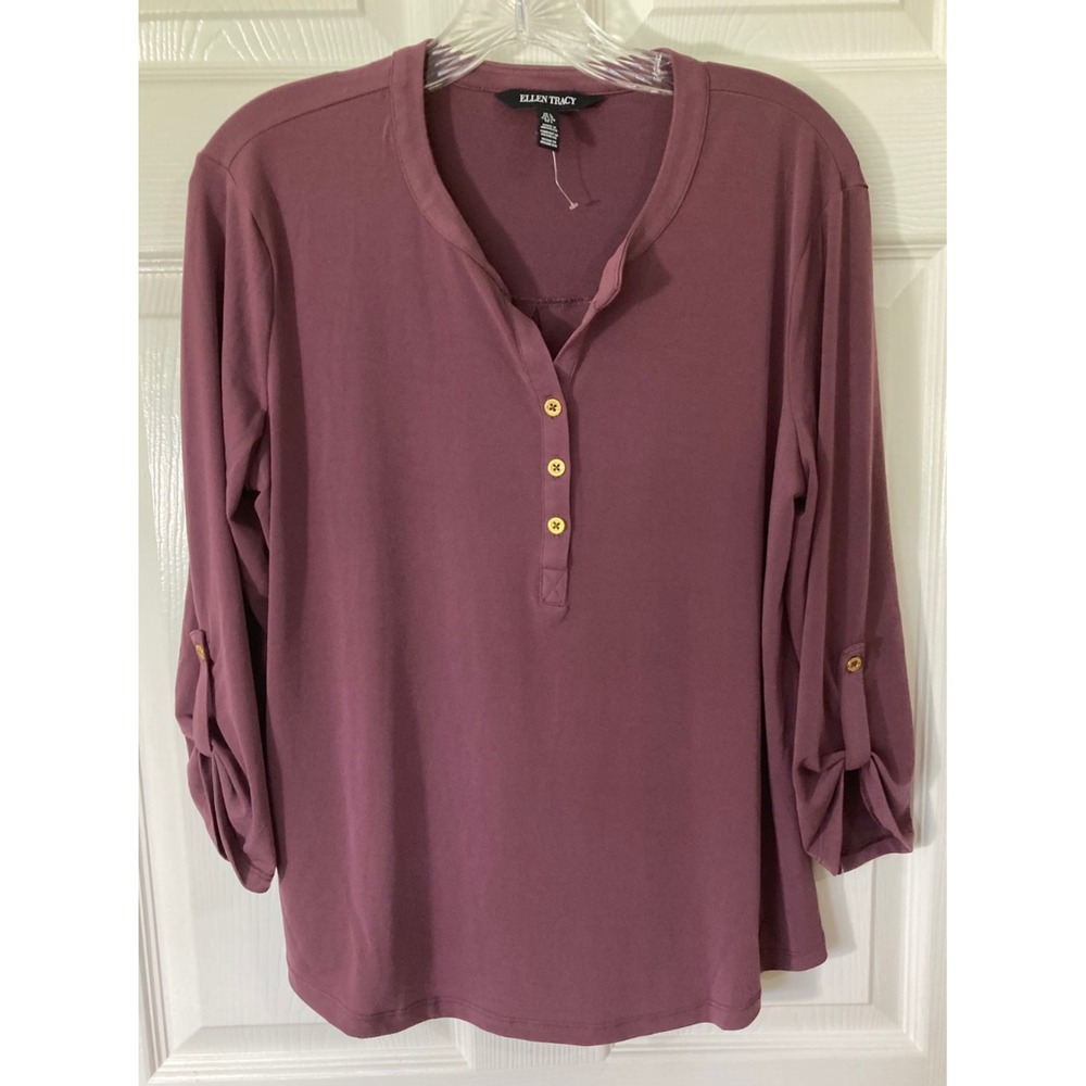 Ellen Tracy Womens  Plum/Purple Top Large Mandarin Collar Tab Sleeve Pre-Owned